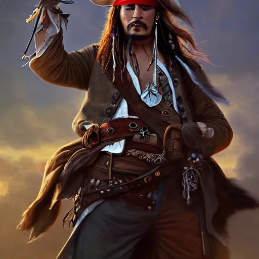 Image similar to photography of boris johnson as captain jack sparrow, deep focus, d & d, fantasy, intricate, elegant, highly detailed, digital painting, artstation, concept art, matte, sharp focus, illustration, hearthstone, art by artgerm and greg rutkowski and alphonse mucha