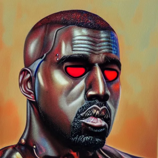 Prompt: a realistic oil painting of a cybernetic kanye west cyborg, surrealism portrait, post apocalyptic album cover