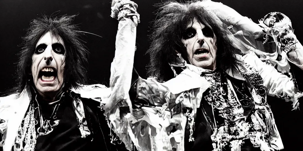 Prompt: Alice cooper on stage by terry gillam, detailed, weird, surrealistic,