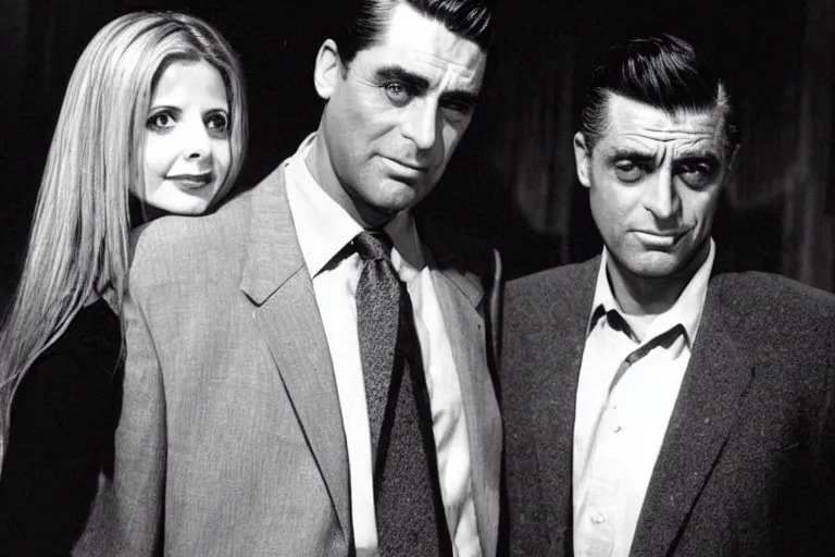 Image similar to cary grant as giles in buffy the vampire slayer, along side sarah michelle gellar 1 9 9 8