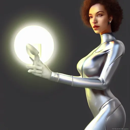 Prompt: a woman in a futuristic suit holding a glowing light, a computer rendering by Artgerm, featured on cgsociety, afrofuturism, daz3d, zbrush, futuristic