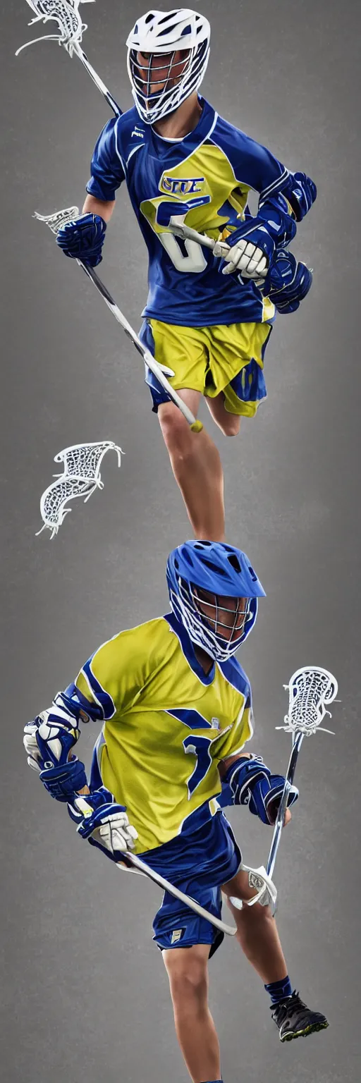 Image similar to lacrosse player, soccer field, cascade helmet, realistic, running, very detailed, 8k, high resolution, ultra realistic, no grain, symmetry, normal proportions, sports illustrated style, Cascade XRS Custom Lacrosse Helmet, brine lacrosse stick, Brine Lacrosse King V Gloves, normal feet, Nike Alpha Huarache 7 Elite, STX Surgeon 700 Lacrosse Arm Guards