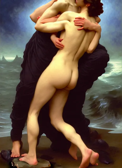 Image similar to kitsch mills and boon romance novel cover with elder god cthulhu!! hugging eva mendes, they are in love, by william - adolphe bouguereau, john singer sargent, digital painting, artstation, concept art, smooth, sharp focus, warm lighting,