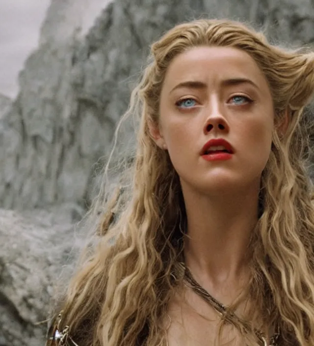 Image similar to amber heard in lord of the rings, movie still frame, hd, remastered, cinematic lighting