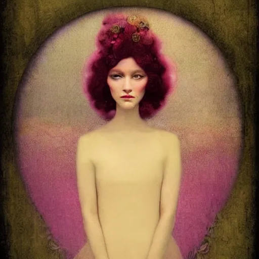 Image similar to by christian schloe hollywood cerise, pastel yellow. a digital art beauty & mystery of the woman sitting before us. enigmatic smile & gaze invite us into her world, & we cannot help but be drawn in. soft features & delicate way she is dressed make her almost ethereal. landscape distance & mystery. what secrets this woman holds.