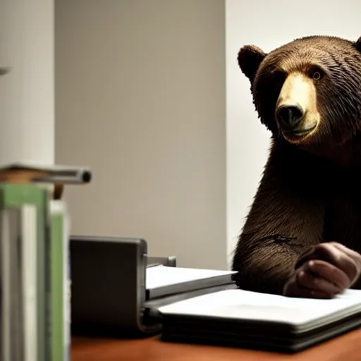 Prompt: tired bear at office, head leaning on paw with elbow on table, piles of paperwork