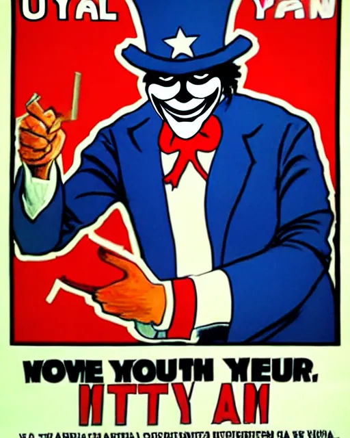 Image similar to anonymous as uncle sam propaganda poster in the year 1 9 8 7, ultra realistic concept art intricate detail