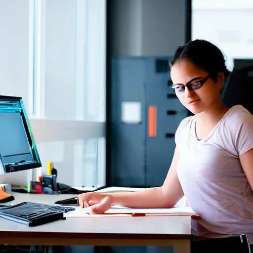 Image similar to a baby girl working CAD computer drafting, civil engineer, sitting at a desk