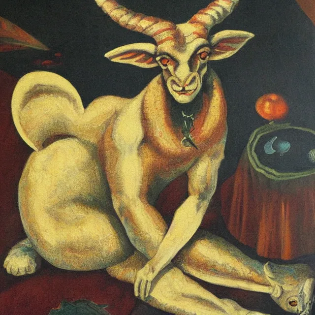 Prompt: baphomet sitting on the floor, vintage, oil painting