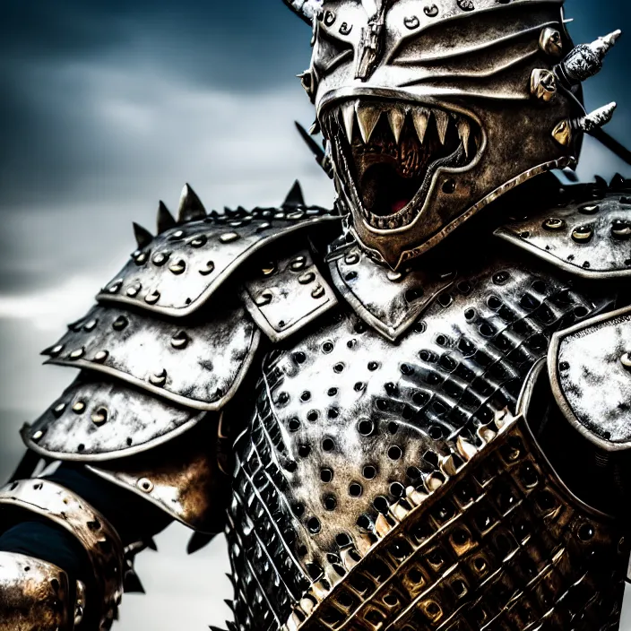 Image similar to photo of a warrior with metal crocodile themed armour and helmet, highly detailed, 4 k, hdr, smooth, sharp focus, high resolution, award - winning photo