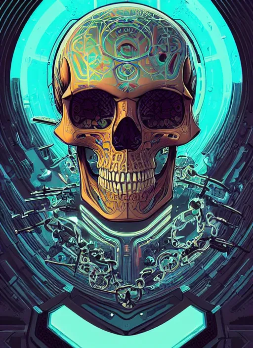 Prompt: a stylish cyborg skull from the future, digital art by Dan Mumford and Peter Mohrbacher, highly detailed, in the style of outrun