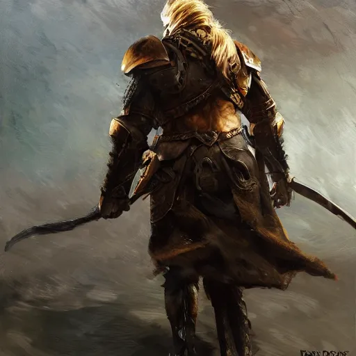Image similar to rear side portrait of a muscular, ponytail haired blonde man with a armored left arm, wearing a brown leather coat, looking to his left, DnD, fantasy, detailed, digital art by Ruan Jia