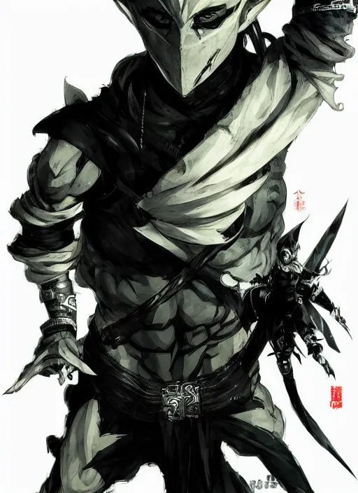 Prompt: Half body portrait of a menacing shinobi elf in scary mask In style of Yoji Shinkawa and Hyung-tae Kim, trending on ArtStation, dark fantasy, great composition, concept art, highly detailed, dynamic pose.