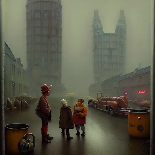 Image similar to waiting in line for cold soup by simon stalenhag and gil elvgren and tom bagshaw, highly detailed, hyperrealism, dreary, cold, cloudy, grey