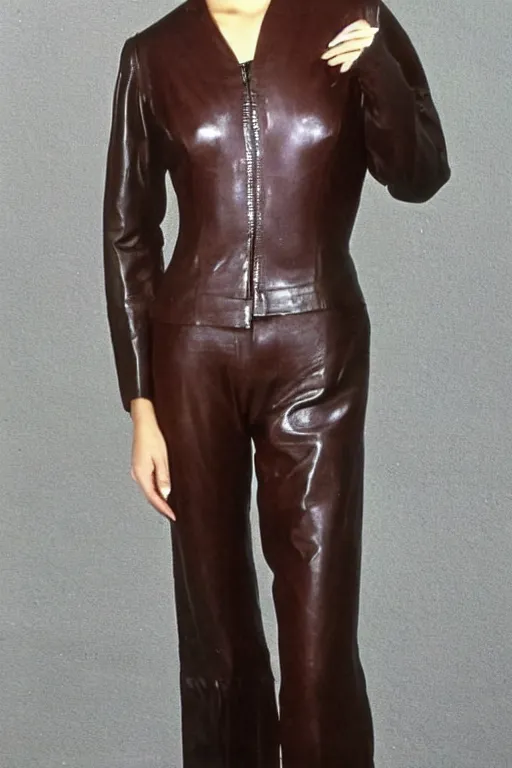 Prompt: youthful asian demure, exquisite features, feminine cut, 1 9 7 0's frontiers in flight leather suit