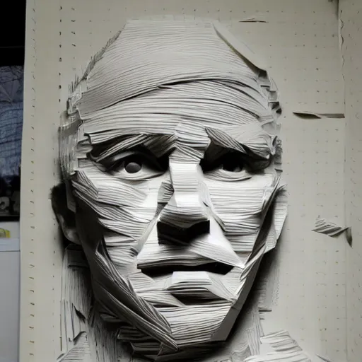 Prompt: a photograph of a man made entirely of paper