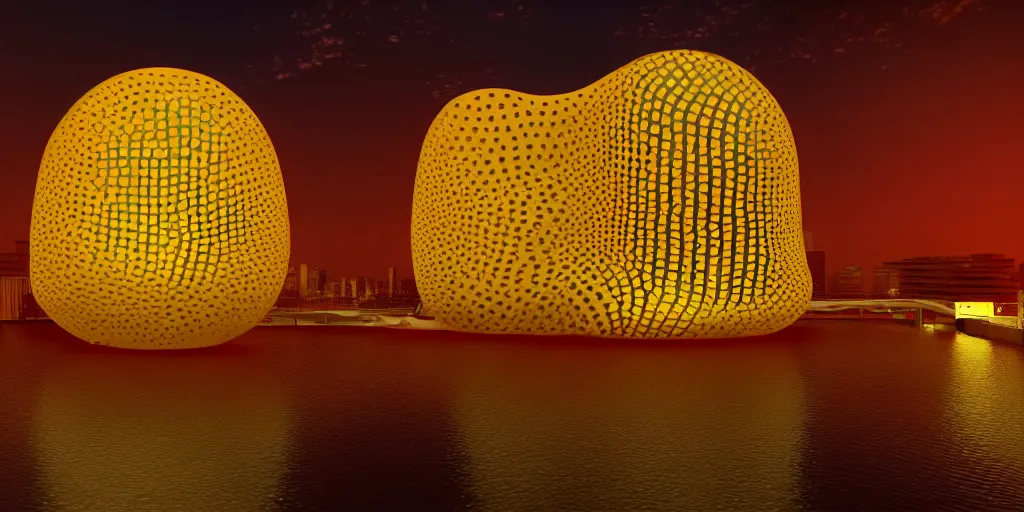 Prompt: An epic architectural rendering of a blob shaped trypophobia house with a mysterious red and yellow glow emitting from inside in a modern cityscape next to a river, stunning, gorgeous, golden ratio, photorealistic, featured on artstation, 4k resolution