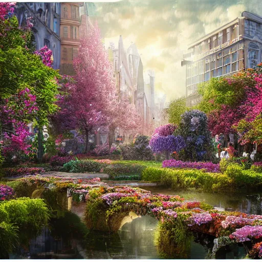 Image similar to a woodland city blooming with flowers by christian dimitrov, cityscape, multilevel, detailed, beautiful, realistic