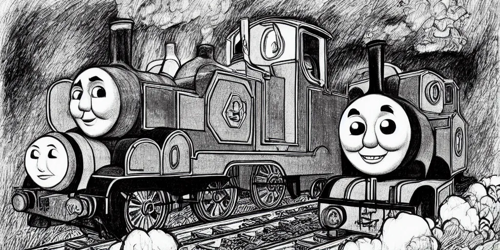 Prompt: Thomas the Tank Engine, illustration by Junji ito, pencil and paper, disturbing