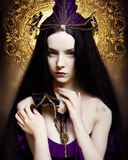 Image similar to a beautiful image of a young woman, Liliana vess the last hope, long flowing black hair, ornate headdress, Victorian purple and black costume, young female face, cinematic top lighting, insanely detailed and intricate, face by wlop, Charlie Bowater, golden ratio, symmetric, elegant, ornate, luxury, elite, matte painting, cinematic, trending on artstation, deviantart and cgsociety, 8k, high resolution