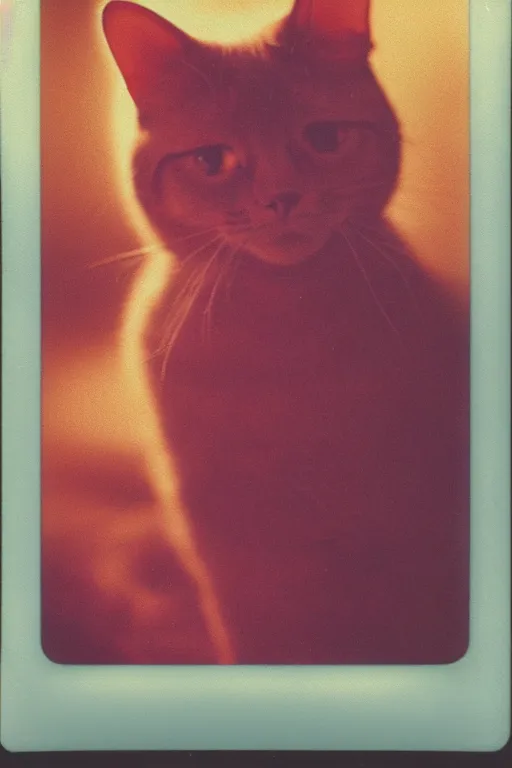 Prompt: analog vintage photography portrait polaroid of a cute cat, bright light, lensflare, reflection, red color bleed, heavy film grain, bloom, glow