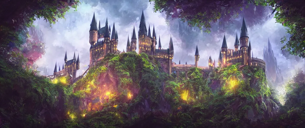 Image similar to huge hogwarts type castle city in the forest behind a garden, concept art, digital painting, style of jordan grimmer, warm lighting, futuristic, volumetric lighting, view from below, vivid colours, bright, daytime, godrays, high detail