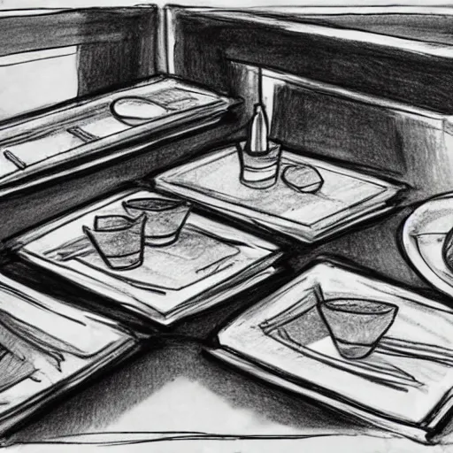 Prompt: table train, drawing, sketch, on paper