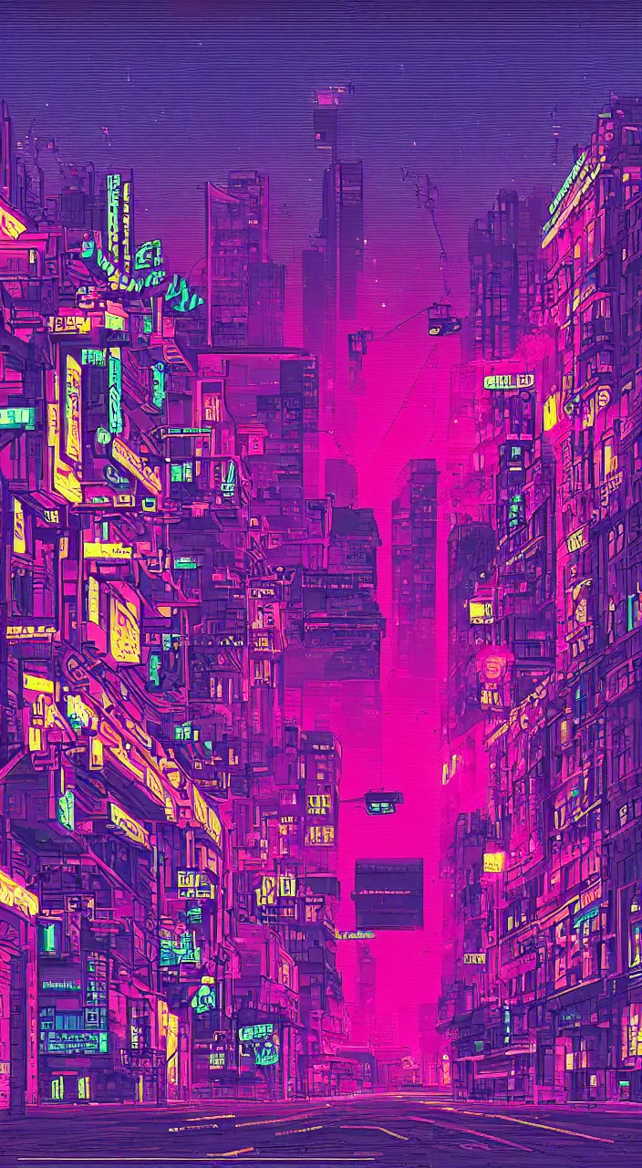 Image similar to a retrowave night street view in pixelart style, highly detailed, illustration