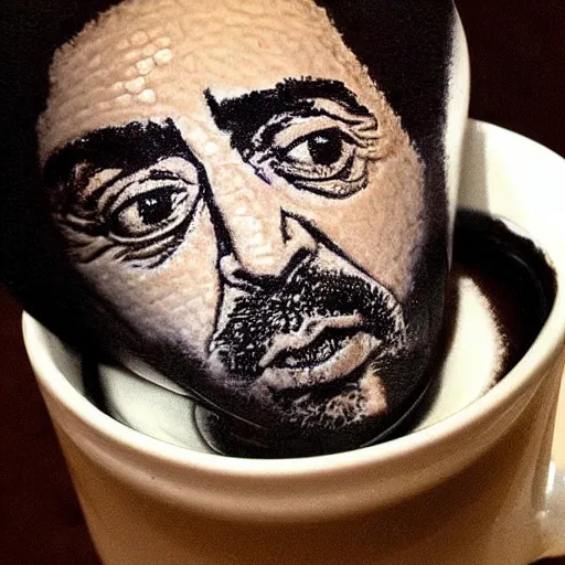 Image similar to al pacino's face made of coffee and milk foam in a cup of cappuccino, high detail