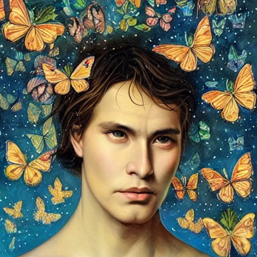 Prompt: man surrounded by butterflies, celestial light, divine, Tran Nguyen