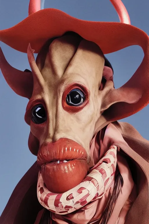 Image similar to comme des garcons campaign featuring jar jar binks as a female cowgirl, long eyeslashes, huge juicy lips, big seductive eyes, unprocessed colors, # nofilter, realistic vfx simulation