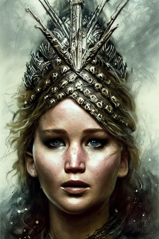 Image similar to jennifer lawrence, legendary warrior, heroic fighter, lord of the rings, tattoos, decorative ornaments, battle armor, omar ortiz, carl spitzweg, ismail inceoglu, vdragan bibin, hans thoma, greg rutkowski, alexandros pyromallis, perfect face, sharply detailed, centered, rule of thirds, realistic shading, photorealism