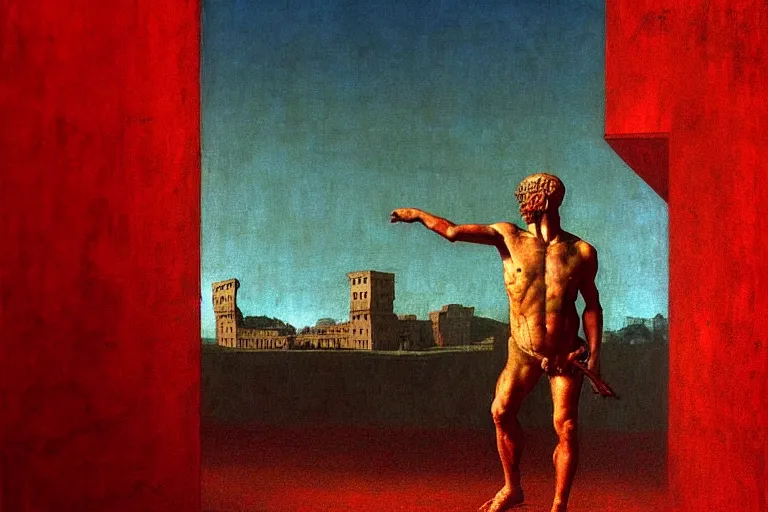 Image similar to only with red, caesar after war, the great deal, a red tiger, in hoc signo vinces, rome in background, an ancient path, in the style of beksinski, part by hopper, part by rodcenko, part by hofbauer, intricate composition, red by caravaggio, insanely quality, highly detailed, masterpiece, red light, artstation