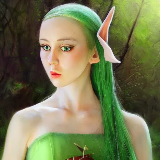 Prompt: a realistic portrait of a realistic female elf with a long withe and light green dress walking in the woods , perfect and hyperrealistic ultra detailed face, by WLOP