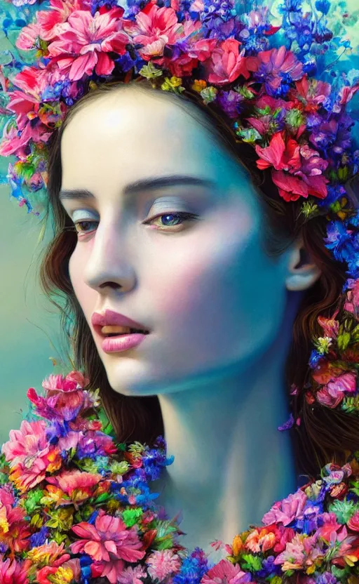 Image similar to a beautiful oil painting hyperrealism of a beautiful woman, close up face, flowers, floral headdress, 8 k resolution, octane render, trending on artstation, by gediminas pranckevicius, volumetric light 2 blue fractal thunder glow by dan mumford, anaglyph effect, laurie lipton