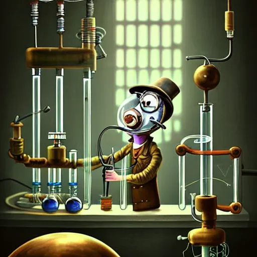 Prompt: steampunk mad scientist Funny cartoonish with test tubes at a science lab, by Gediminas Pranckevicius H 704