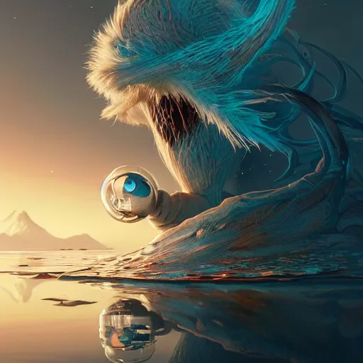Image similar to ( ( pokemon ) ) creature creature in alaska, backlit, water reflection, warm tones : : by michal karcz, daniel merriam, victo ngai and guillermo del toro : : ornate, dynamic, particulate, intricate, elegant, highly detailed, centered, artstation, smooth, sharp focus, octane render, 3 d