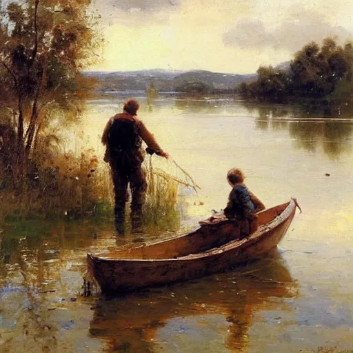 Image similar to painting of dad and son thinking together in boot on a calm lake, by pino daeni