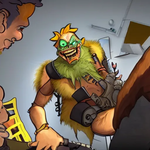 Image similar to junkrat from overwatch having a job interview