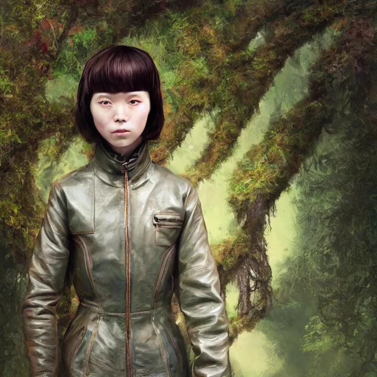 Image similar to highly detailed portrait of alone androgynous girl wearing bakelite leather jacket, bakelite rocky mountains, moss green japanese haunted forest background, by hsiao - ron cheng and artgerm, modular synthesizer helmet backpack, the grand budapest hotel, glow, no crop, digital art, artstation, pop art