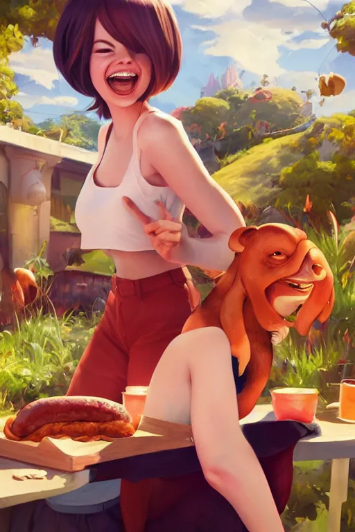 Prompt: emma stone smiling to see many big italian sausages by concept artist gervasio canda, behance hd by jesper ejsing, by rhads, makoto shinkai and lois van baarle, ilya kuvshinov, rossdraws global illumination radiating a glowing aura global illumination ray tracing hdr render in unreal engine 5