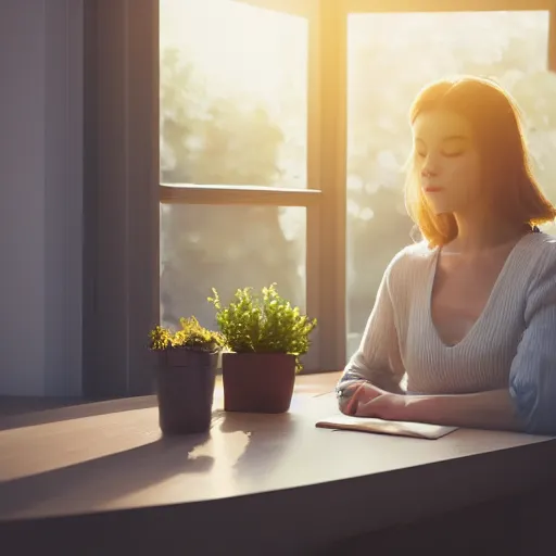 Prompt: peaceful dreamy painting of a young woman sitting at a desk with a black cat, sunshine coming through the window, small plants on the window sill, 4k resolution, highly detailed