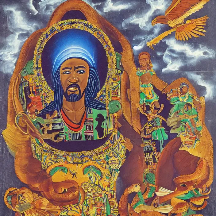 Image similar to UFO hovering over an African Jesus , clouds, in the style of Nigerian truck art (Eagle & Snake, Kano),