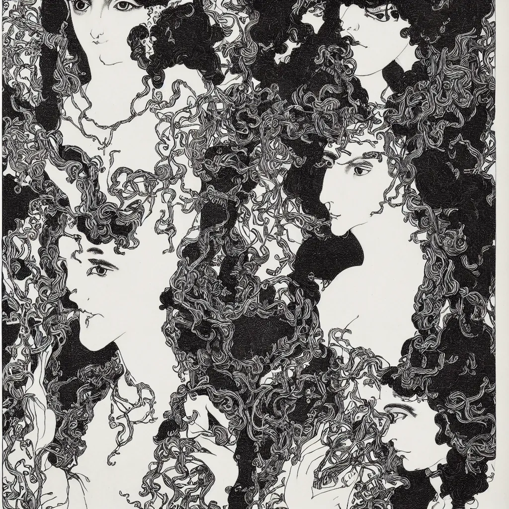 Prompt: , 4k, highly detailed, sharp focus, lithography by Aubrey Beardsley, Symmetrical portrait of a beautiful woman with snakes in her hair.