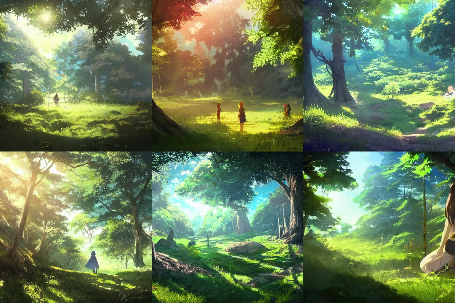 Prompt: Inside a lush forest, bright sunny day, clear sky, fantasy, medieval, Patrick O'keefe style, Makoto Shinkai