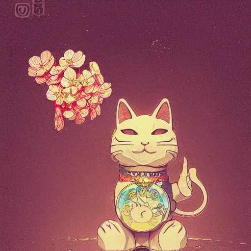 Image similar to A cute maneki neko waving, flowers around, D&D, fantasy, intricate, cinematic lighting, highly detailed, digital painting, artstation, concept art, smooth, sharp focus, illustration, art by Akihiko Yoshida, Greg Rutkowski and Alphonse Mucha