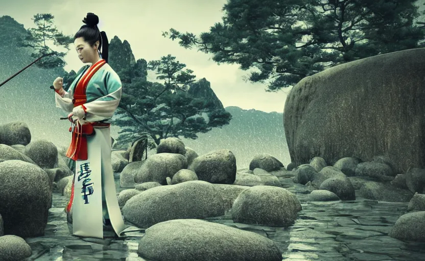 Prompt: highly detailed 3 d render of native japanese geisha warrior standing in wet japanese courtyard from sengoku period, surrounded by dense rock formations, high in mountains, blue night, cinematic lighting, photobash, raytracing, high contrast