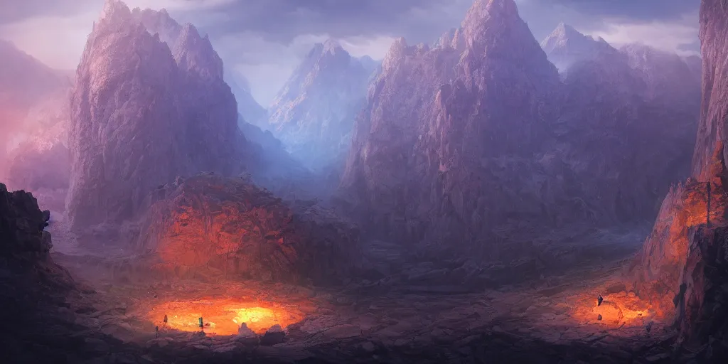 Prompt: a big hole in the ground in a mountainous environment by noah bradley, artstation, concept art, cinematographic, epic lighting, filmic, 8 k, award winning,