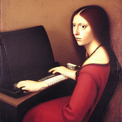 Image similar to Renaissance oil painting, creepy young lady, dark hair, typing computer keyboard staring at a giant computer screen on wall