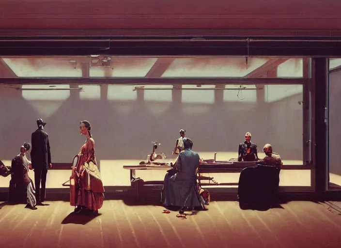 Prompt: a still from the tv series westworld by francis bacon, surreal, norman rockwell and james jean, greg hildebrandt, and mark brooks, triadic color scheme, by greg rutkowski, in the style of francis bacon and syd mead and edward hopper and norman rockwell and beksinski, dark surrealism, open ceiling